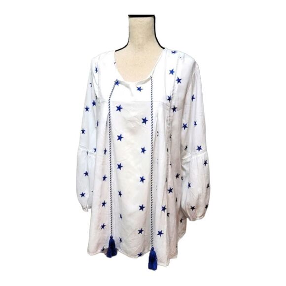 Kaktus Boho White Top with Embroidered Blue Stars and Tassels - Picture 1 of 10
